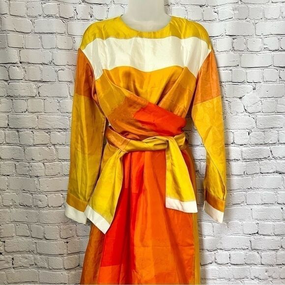 NEW Partow colorblock printed silk wrap tie midi kaftan dress size 6 - Picture 7 of 14